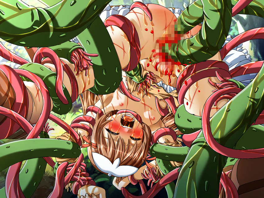 1girl anal blood brown_hair clenched_hand crying double_penetration dress eyes_closed flat_chest hair_ornament hair_ribbon injury long_hair nanami_shizuka nipples pain rape re_mii restrained screaming suspended tears tentacle top-down_bottom-up torn_clothes torn_dress vaginal virgin wet whip_marks zoids zoids_genesis
