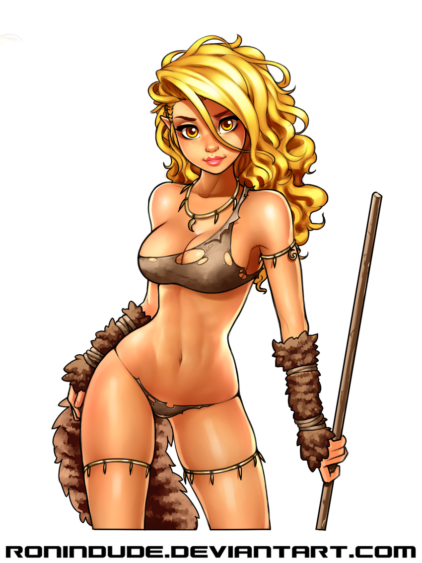 arm_warmers armlet blonde_hair breasts cave_elf_(ronindude) cleavage contrapposto elf eyebrows highres holding holding_weapon jewelry lips long_hair looking_at_viewer medium_breasts navel necklace original pointy_ears polearm ronindude single_strap solo spear standing tail torn_clothes tribal wavy_hair weapon yellow_eyes