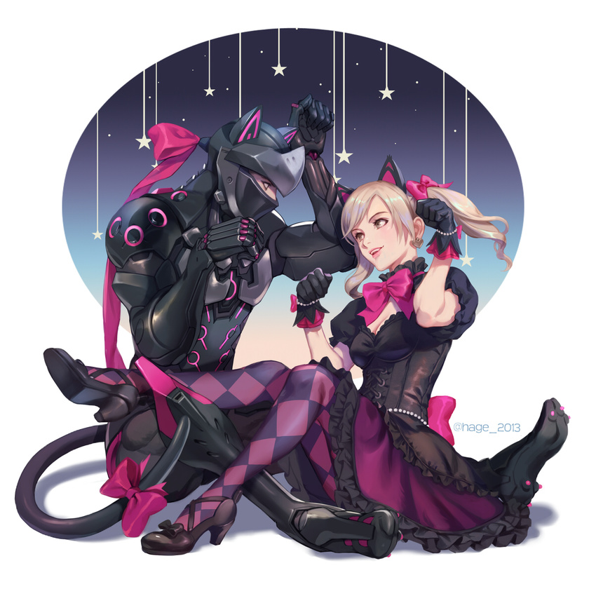 1girl alternate_costume animal_ears argyle argyle_legwear armor black_cat_d.va black_dress black_footwear black_gloves blonde_hair bow breasts cat_ears cat_tail checkered checkered_legwear cleavage cleavage_cutout commentary corset cross-laced_clothes d.va_(overwatch) dress earrings english_commentary full_body genji_(overwatch) gloves heart heart_earrings helmet high_heels highres jewelry light_brown_eyes lolita_fashion medium_breasts open_mouth overwatch pantyhose parted_lips paw_pose pink_bow pink_lips pink_ribbon puffy_short_sleeves puffy_sleeves purple_eyes ribbon sae_(revirth) short_sleeves simple_background sitting star tail tail_bow twintails two-tone_legwear white_background