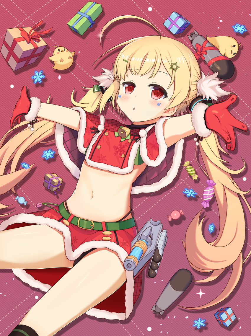 animal azur_lane bad_id bad_pixiv_id bangs belt belt_buckle bird black_legwear black_panties blonde_hair blush box buckle candy_wrapper capelet chestnut_mouth chick christmas commentary_request eldridge_(azur_lane) eyebrows_visible_through_hair facial_mark fur-trimmed_capelet fur-trimmed_gloves fur-trimmed_skirt fur_trim gift gift_box gift_wrapping gloves green_belt hair_ornament hairclip highleg highleg_panties highres kneehighs kyuujou_komachi long_hair outstretched_arms panties parted_lips red_capelet red_eyes red_gloves red_skirt skirt snowflakes solo spread_arms star star_hair_ornament torpedo twintails underwear very_long_hair