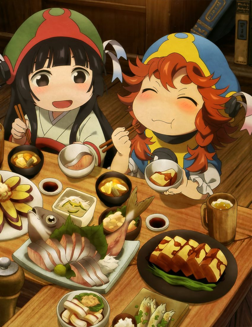 :d :t absurdres alcohol beer beer_mug black_eyes black_hair book bowl braid chopsticks counter dishes eating fish food hakumei_(hakumei_to_mikochi) hakumei_to_mikochi hat highres indoors long_hair mikochi_(hakumei_to_mikochi) multiple_girls oden official_art open_mouth red_hair sashimi short_hair smile soy_sauce table wooden_floor