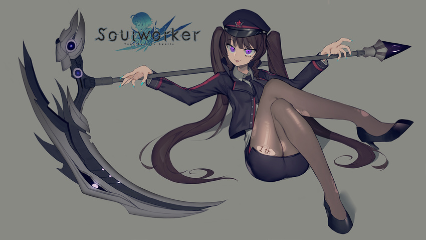 :p barcode_tattoo black_hair crossed_legs hat highres lily_bloomerchen long_hair looking_at_viewer nail_polish pantyhose pencil_skirt purple_eyes scythe simple_background skirt solo soul_worker tattoo tongue tongue_out torn_clothes torn_legwear tttanggvl twintails