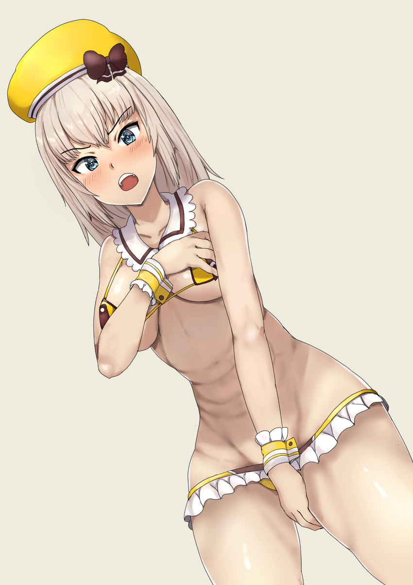bad_id bad_pixiv_id bikini blue_eyes blush breasts cameltoe coco's girls_und_panzer groin hat highres itsumi_erika large_breasts looking_at_viewer open_mouth sikijou77o simple_background solo swimsuit swimwear white_background white_hair yellow_bikini