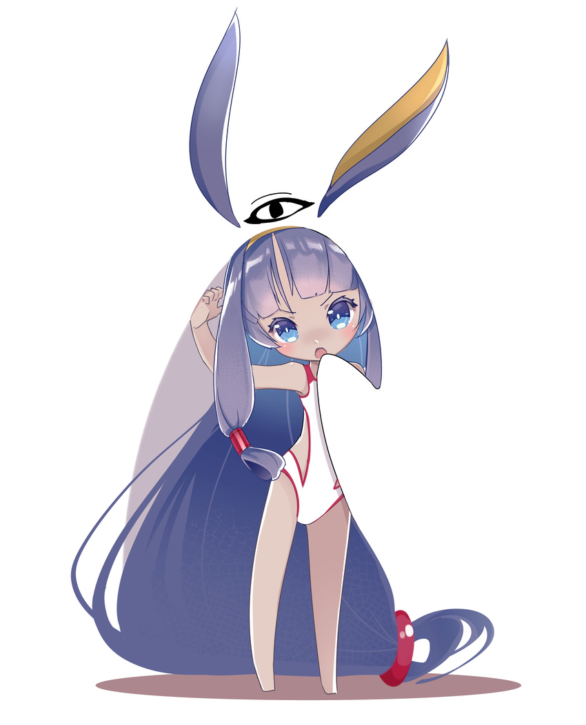 absurdly_long_hair absurdres animal_ears bangs bare_arms bare_legs bare_shoulders barefoot blue_eyes blush casual_one-piece_swimsuit chibi chuuko_anpu commentary_request fate/grand_order fate_(series) hairband head_tilt highres jackal_ears long_hair looking_at_viewer low-tied_long_hair nitocris_(fate/grand_order) nitocris_(swimsuit_assassin)_(fate) one-piece_swimsuit open_mouth purple_hair sidelocks solo standing swimsuit v-shaped_eyebrows very_long_hair white_background white_swimsuit yellow_hairband