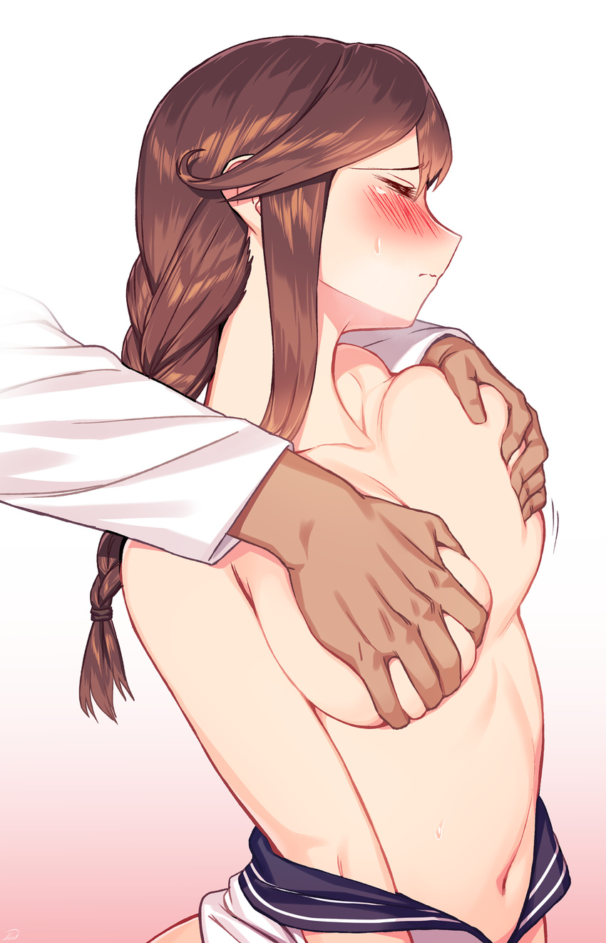 1girl blew_andwhite blush braid breast_grab breast_lift breasts brown_hair closed_eyes closed_mouth commentary_request dark_skin dark_skinned_male deep_skin grabbing grabbing_from_behind gradient gradient_background groping hetero highres kantai_collection large_breasts long_hair navel noshiro_(kantai_collection) off_shoulder sidelocks simple_background solo_focus sweat wavy_mouth