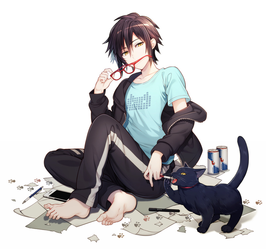 animal aqua_shirt barefoot black_cat black_jacket black_pants brown_hair can cat cellphone collarbone eyebrows_visible_through_hair eyewear_removed fangs feet full_body glasses hair_between_eyes half-closed_eyes highres holding holding_eyewear holding_pen jacket knee_up long_sleeves looking_at_viewer male_focus maro_(nikeneko523) off_shoulder open_clothes open_jacket open_mouth original pants paper paws pen phone red-framed_eyewear shiny shiny_hair shirt short_sleeves simple_background sitting smartphone soda_can solo toes track_pants underwear whiskers white_background yellow_eyes