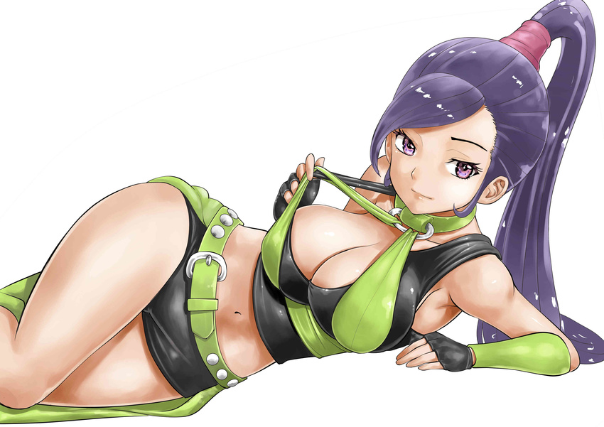 absurdres arm_warmers bare_shoulders belt bike_shorts black_gloves breasts choker cleavage closed_mouth dragon_quest dragon_quest_xi fingerless_gloves gloves green_belt green_choker halter_top halterneck high_ponytail highres large_breasts layered_clothing light_smile long_hair looking_at_viewer lying machida-san martina_(dq11) navel o-ring o-ring_choker o-ring_top on_side overskirt pink_eyes ponytail pulled_by_self purple_hair simple_background skindentation solo stomach strap_gap strap_pull thighs white_background wide_hips