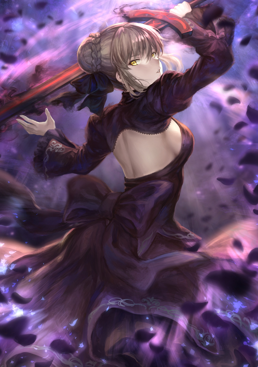 arms_up artoria_pendragon_(all) aura back backlighting bangs black_bow black_dress black_ribbon bow breasts commentary dark_excalibur dress fate/stay_night fate_(series) hair_between_eyes hair_bun hair_ribbon highres holding holding_sword holding_weapon juliet_sleeves layered_dress long_sleeves looking_at_viewer looking_back mashu_003 medium_breasts motion_blur pale_skin parted_lips petals puffy_sleeves ribbon saber_alter shiny shiny_hair sideboob sidelocks solo sword tsurime weapon wide_sleeves