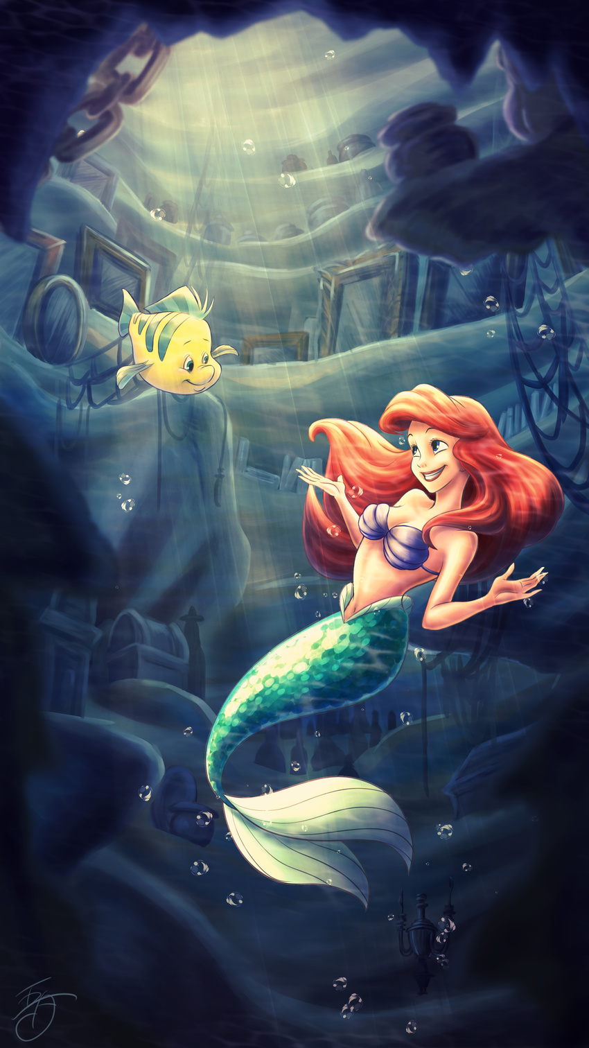 2018 5_fingers absurd_res ariel_(disney) beige_skin blue_eyes book bottle bubble chain depth_of_field detailed_background digital_media_(artwork) digital_painting_(artwork) disney duo eyelashes female fin fish flounder grotto hair hi_res long_hair looking_at_another marine merfolk red_hair sakushosick scales seashell_bra signature smile tail_fin teal_scales the_little_mermaid treasure_chest underwater water yellow_scales