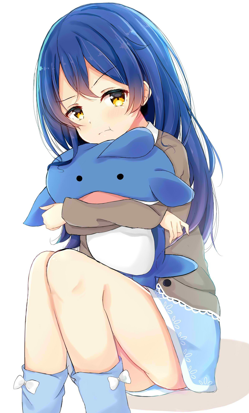 bangs blue_hair blush closed_mouth dorisu2 eyebrows_visible_through_hair hair_between_eyes highres long_hair looking_at_viewer love_live! love_live!_school_idol_festival love_live!_school_idol_project object_hug pajamas pout simple_background sitting smile solo sonoda_umi stuffed_animal stuffed_toy whale_shark white_background