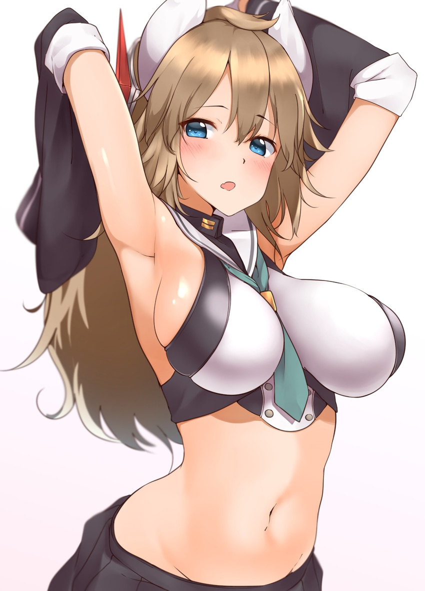 :o animal_ears aqua_neckwear armpits arms_behind_head arms_up azur_lane bangs black_skirt blue_eyes blurry blush breasts brown_hair commentary_request crop_top depth_of_field detached_sleeves eyebrows_visible_through_hair fang furutaka_(azur_lane) gloves groin hair_between_eyes headgear hechi_(hechi322) highres large_breasts long_hair looking_at_viewer midriff navel neckerchief open_mouth remodel_(azur_lane) school_uniform serafuku shiny shiny_hair shiny_skin sideboob simple_background skirt solo turtleneck upper_body white_background white_gloves wide_sleeves