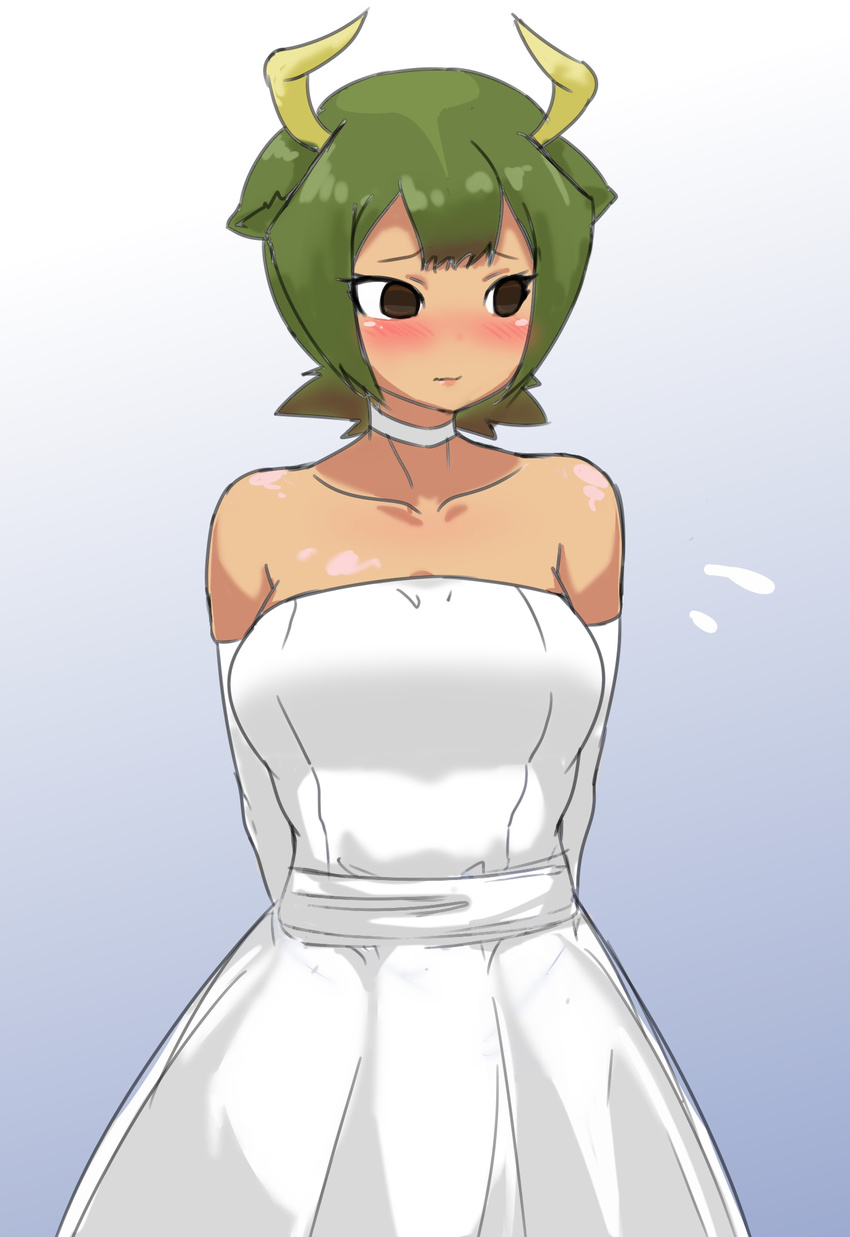 alternate_costume animal_ears arms_behind_back aurochs_(kemono_friends) bare_shoulders blush choker collarbone dress elbow_gloves embarrassed gloves gradient gradient_background green_hair highres horns kemono_friends looking_away nairage short_hair solo strapless strapless_dress wedding_dress white_dress white_gloves