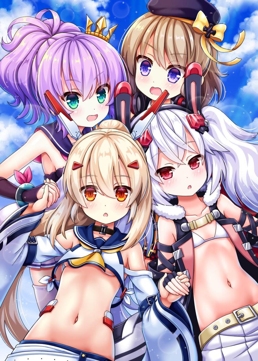 :d :o absurdres animal_ears ayanami_(azur_lane) azur_lane bangs belt belt_buckle beret bikini_top black_gloves black_hairband black_jacket blue_sailor_collar blue_skirt blue_sky bluebird_(bluebird90) blush bow breasts brown_belt brown_eyes brown_hair buckle bunny_ears cloud cloudy_sky commentary_request crown day eyebrows_visible_through_hair fingerless_gloves fingernails fur-trimmed_jacket fur_trim gloves green_eyes hair_between_eyes hair_ornament hairband hairclip hat headgear headphones headphones_around_neck highres holding_hands jacket javelin_(azur_lane) laffey_(azur_lane) light_brown_hair long_sleeves looking_at_viewer midriff mini_crown multiple_girls navel open_clothes open_jacket open_mouth outdoors parted_lips pleated_skirt purple_eyes purple_hair purple_hat purple_sailor_collar red_eyes remodel_(azur_lane) sailor_collar school_uniform serafuku shirt silver_hair skirt sky sleeveless sleeveless_shirt smile tilted_headwear underboob v-shaped_eyebrows white_bikini_top white_skirt wide_sleeves yellow_bow z23_(azur_lane)