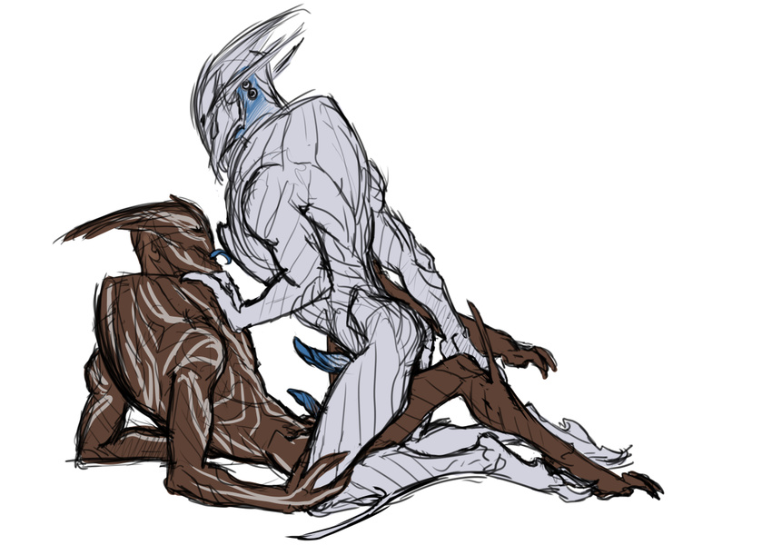 3_fingers alien blue_penis blue_tongue brown_skin colored_sketch erection grey_skin humanoid humanoid_on_humanoid kneeling licking lying male male/male male_on_top mass_effect nihlus_kryik not_furry nude on_back on_top penis saren_arterius side_view simple_background stripes tongue tongue_out torso_grab turian video_games white_background zapperthecat