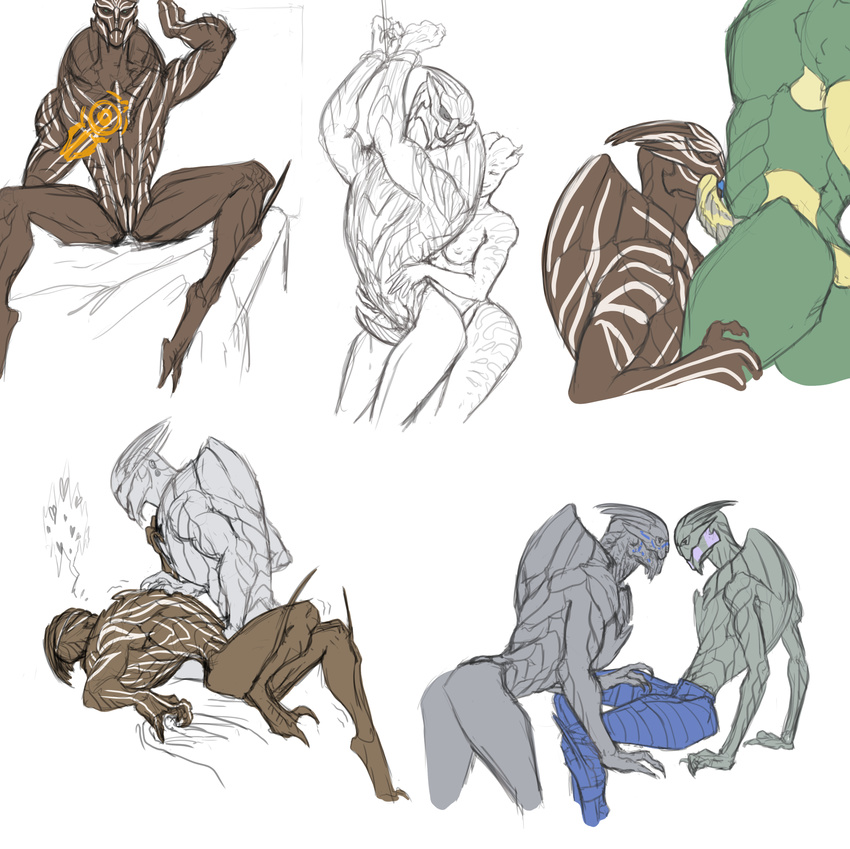 &lt;3 alien anal anal_penetration animal_genitalia asari bed blue_tongue bound breasts brown_skin clothed clothing erection eyes_closed faceless_male female from_behind_position garrus_vakarian genital_slit green_skin grey_skin hands_tied humanoid humanoid_on_humanoid krogan leaning leaning_forward licking lying male male/female male/male mass_effect nihlus_kryik not_furry nude omnitool on_back on_bed pants pegging penetration penis saren_arterius sex sex_toy simple_background sitting sketch sketch_page slit standing thigh_grab tongue tongue_out topless torso_grab turian video_games white_background zapperthecat