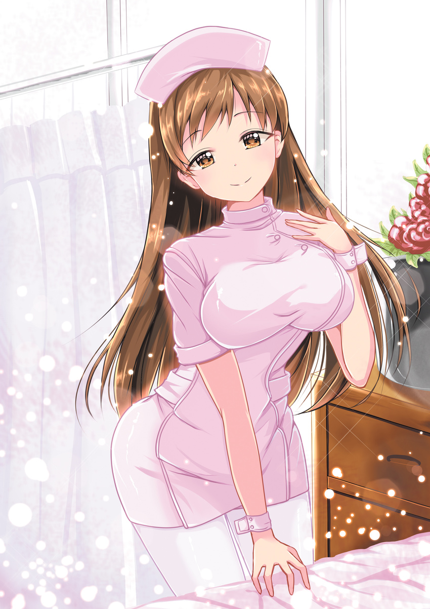 absurdres breasts brown_eyes brown_hair hat highres idolmaster idolmaster_cinderella_girls large_breasts long_hair nitta_minami nurse nurse_cap pantyhose shailiar solo white_legwear