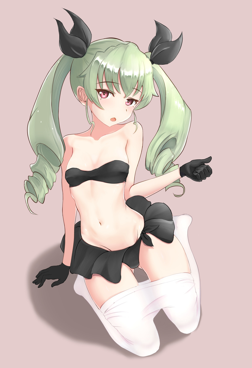 absurdres anchovy arm_support ass_visible_through_thighs bangs bikini black_gloves black_ribbon breasts brown_background commentary_request drill_hair eyebrows_visible_through_hair frilled_bikini frills full_body girls_und_panzer gloves green_hair hair_ribbon head_tilt highres leaning_to_the_side long_hair looking_at_viewer navel open_mouth pantyhose pantyhose_pull red_eyes ribbon shadow simple_background sitting small_breasts solo strapless strapless_bikini sumiso_(smithsoniancorp) swimsuit twin_drills twintails wariza white_legwear