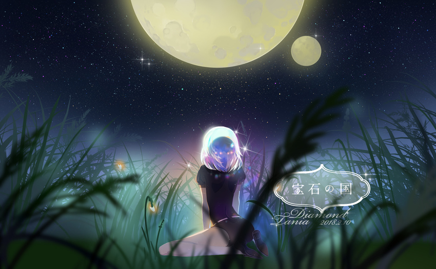 androgynous diamond_(houseki_no_kuni) full_moon gem_uniform_(houseki_no_kuni) grass highres houseki_no_kuni moon multicolored_hair multiple_moons night night_sky rainbow_hair scenery short_hair sitting sky solo sparkle star_(sky) starry_sky tania_(yhet_c) white_hair