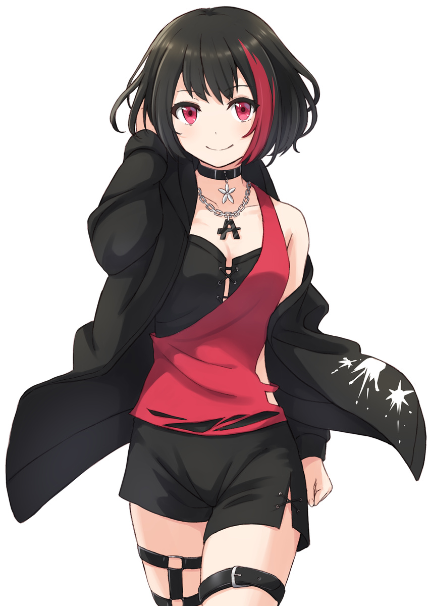 arm_at_side asymmetrical_clothes bang_dream! bangs black_choker black_hair black_jacket black_shorts blush buckle chain_necklace choker collarbone cowboy_shot eyebrows_visible_through_hair eyeliner hand_in_hair hand_up highres jacket jewelry long_sleeves looking_at_viewer makeup mitake_ran off_shoulder open_clothes open_jacket pendant pink_eyes red_hair short_hair shorts side_slit simple_background single_bare_shoulder solo standing tareme thigh_strap tsukiman white_background