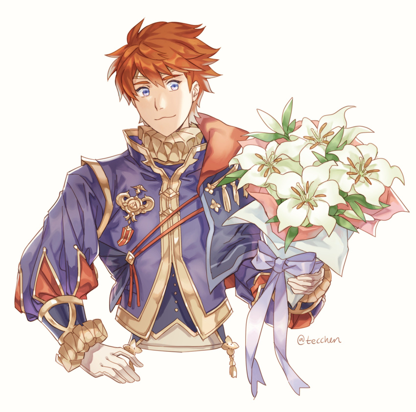 :3 absurdres armor blue_eyes cape eliwood_(fire_emblem) fire_emblem fire_emblem:_rekka_no_ken fire_emblem_heroes flower highres looking_at_viewer male_focus red_hair smile solo tecchen white_background