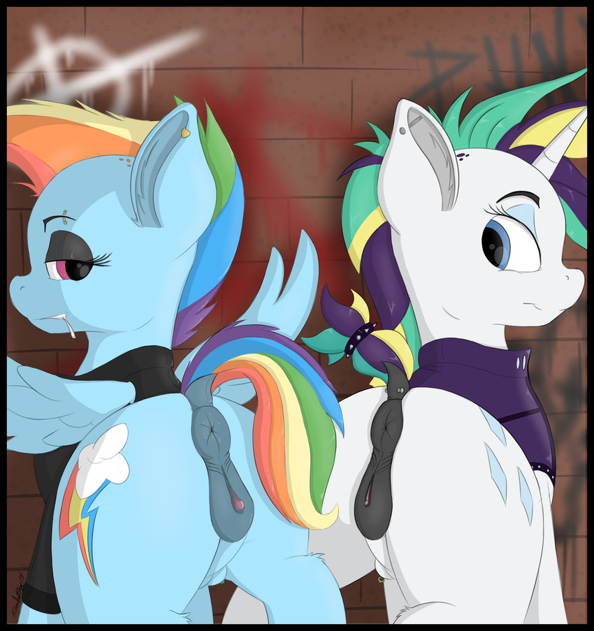 absurd_res anatomically_correct anatomically_correct_pussy anus blue_eyes butt clitoris cutie_mark duo equine female feral friendship_is_magic graffiti hair hi_res horn kundofox looking_at_viewer looking_back mammal my_little_pony pegasus piercing presenting pussy rainbow_dash_(mlp) rarity_(mlp) teats unicorn wings