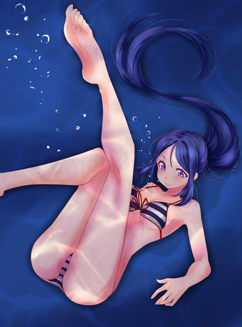 absurdres air_bubble barefoot bikini blue_hair breasts bubble commentary_request feet feet_out_of_frame floating_hair front-tie_top highres kurogane_yamato leg_up legs long_hair love_live! love_live!_sunshine!! matsuura_kanan medium_breasts ponytail purple_eyes smile soles solo striped striped_bikini swimsuit toes underwater white_stripes