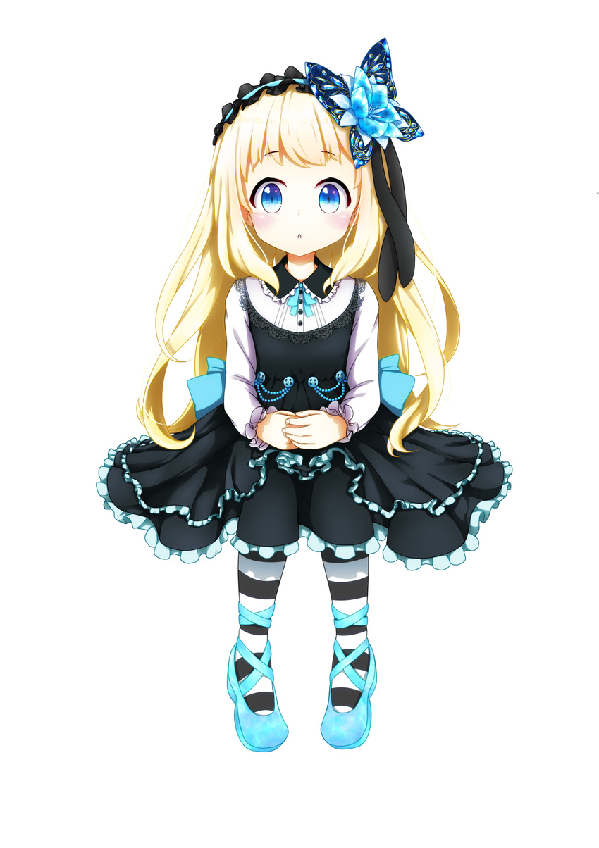 absurdres aoi_thomas black_dress blonde_hair blue_eyes blue_flower blue_footwear butterfly_hair_ornament chestnut_mouth dress fingernails flower full_body gothic_lolita hair_flower hair_ornament hairband hands_on_lap highres lolita_fashion lolita_hairband long_hair long_sleeves original own_hands_together pantyhose parted_lips shirt shoes simple_background sitting solo striped striped_legwear very_long_hair white_background white_shirt