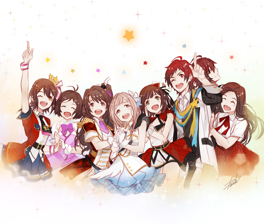 6+girls ;d across_the_stars ahoge amagase_touma amami_haruka antenna_hair back-to-back brown_hair commentary_request cute_&amp;_girly_(idolmaster) danhu dress fading gloves gold_trim hidaka_ai highres holding_hands idol idolmaster idolmaster.kr idolmaster_(classic) idolmaster_cinderella_girls idolmaster_dearly_stars idolmaster_million_live! idolmaster_shiny_colors idolmaster_side-m kasuga_mirai long_hair multiple_boys multiple_girls one_eye_closed open_mouth pointing pointing_up sakuragi_mano shimamura_uzuki shiny_trinity short_hair signature simple_background smile sparkle star suji_(idolmaster) tendou_teru top!_clover white_background white_gloves