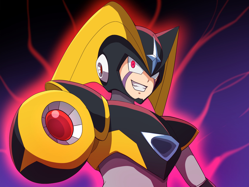 1boy android arm_cannon armor capcom face_markings forte_(rockman) gradient gradient_background helmet kloah purple_background red_eyes robot_ears rockman rockman_(classic) smile solo teeth weapon