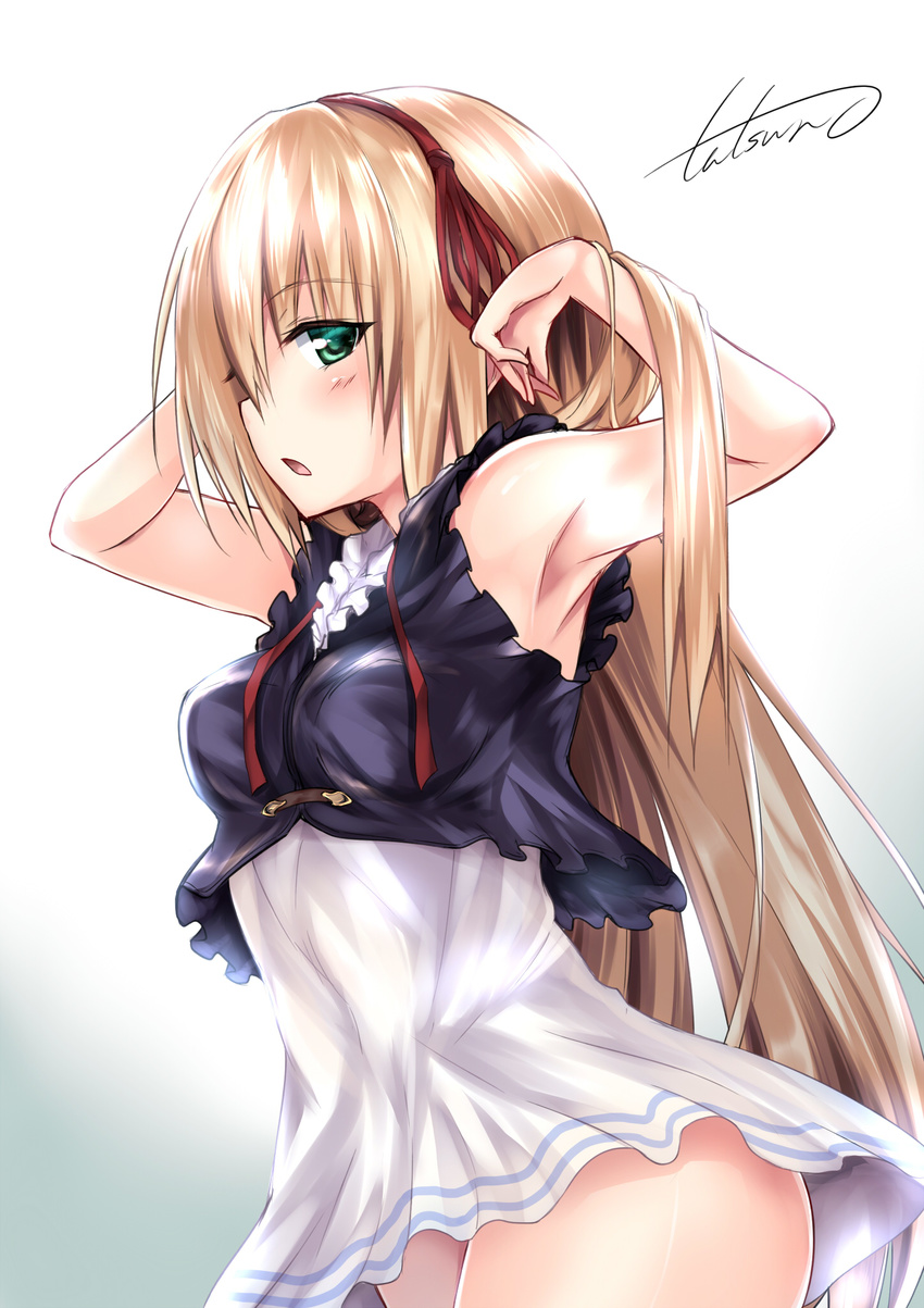 arisa_(shadowverse) armpits arms_up artist_request bangs bare_shoulders blonde_hair blush breasts chestnut_mouth cowboy_shot dress eyebrows_visible_through_hair frilled_dress frills gradient gradient_background green_eyes hair_between_eyes hair_ribbon hands_in_hair highres long_hair looking_at_viewer medium_breasts parted_lips profile ribbon shadowverse shiny shiny_hair shiny_skin sidelocks signature simple_background solo very_long_hair