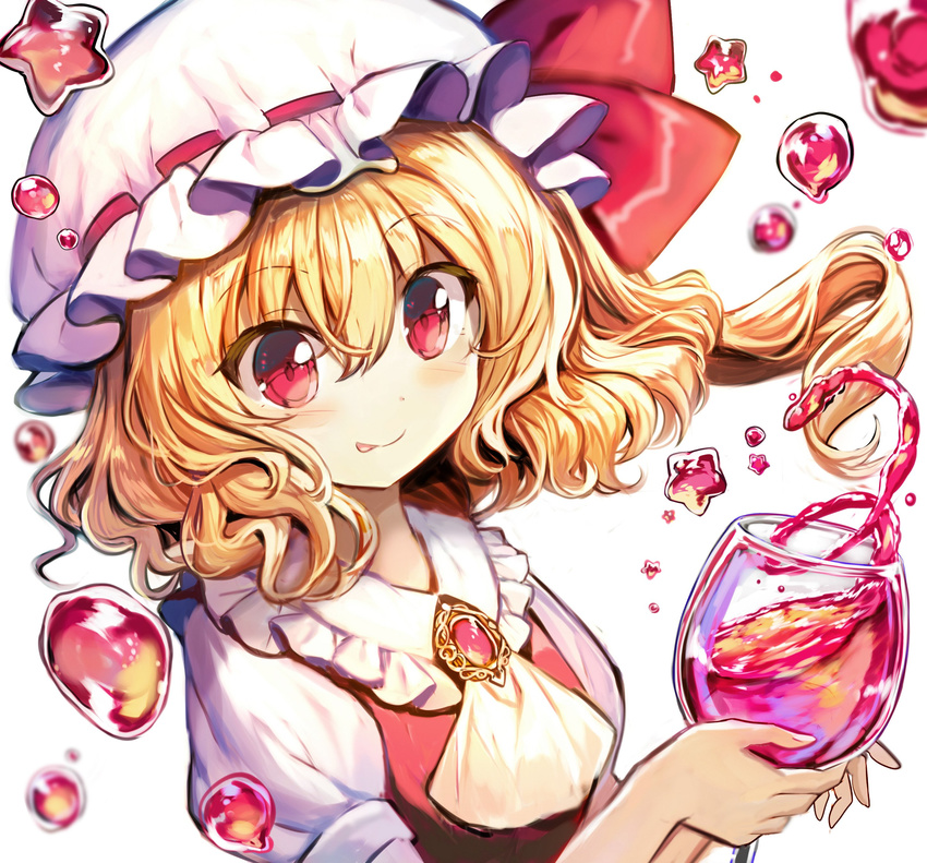 absurdres blonde_hair brooch closed_mouth collar commentary cup drinking_glass flandre_scarlet frilled_shirt_collar frills fuupu hair_ribbon hat highres holding holding_cup jewelry mob_cap no_wings red_eyes red_vest ribbon shirt short_sleeves side_ponytail solo star tongue tongue_out touhou upper_body vest water_drop white_background white_shirt