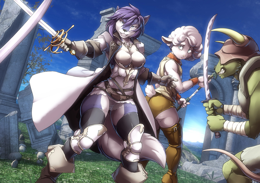 anthro bandage butt_pose canine caprine clothed clothing detailed_background female gloves grass group hair holding_sword horn jacket mammal melee_weapon open_mouth outside ruins sheep sky standing sword twinkle-sez weapon wolf