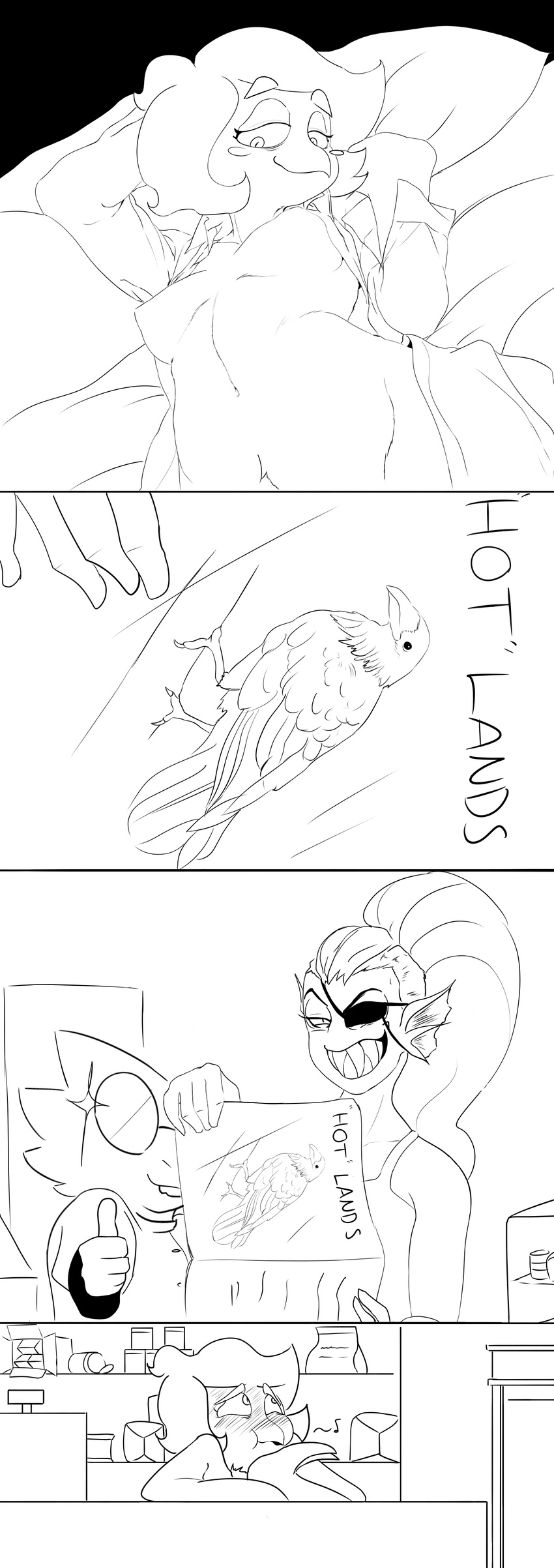 absurd_res alphys anthro avian bird blush breasts cheerie clothing comic dreemurr_reborn eye_patch eyewear female fish haaru hair hi_res humor lizard long_hair lying marine monochrome multiple_images navel nervous nipples open_mouth pose reptile scalie seductive sharp_teeth smile teeth thumbs_up undertale undyne video_games whistle