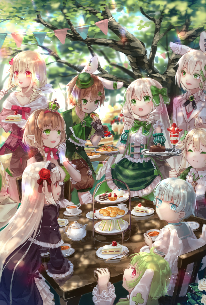 :d animal_ears apron arm_strap bad_id bad_pixiv_id bandages black_dress black_gloves blonde_hair blue_eyes blue_hair bow brown_hair brown_shorts bunny_ears cake closed_eyes clover_print collarbone crown day dress drill_hair eating eyebrows_visible_through_hair fingerless_gloves flower food frilled_apron frills gloves gothic_lolita green_apron green_bow green_eyes green_hair green_hat green_ribbon hair_bow hair_flower hair_ornament hair_ribbon hairband hat highres holding jacket leaning_forward lolita_fashion lolita_hairband long_hair looking_at_viewer looking_back mini_crown mini_hat multiple_girls neck_ribbon open_mouth original outdoors pointy_ears red_eyes red_flower red_hairband red_ribbon ribbon shirt short_hair short_sleeves shorts silver_hair sitting sleeveless sleeveless_shirt smile standing tongue tongue_out very_long_hair white_gloves white_jacket white_shirt white_wings wings yumeichigo_alice