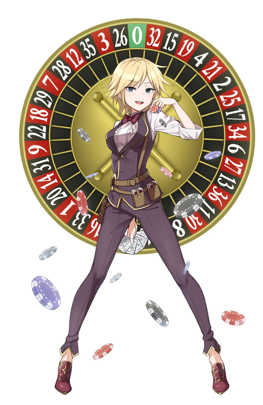 :d belt_pouch black_pants blonde_hair blue_eyes bow bowtie card dizzy_durand full_body hand_up highres holding holding_card looking_at_viewer official_art open_mouth pants playing_card poker_chip pouch princess_principal princess_principal_game_of_mission roulette short_hair smile solo standing transparent_background