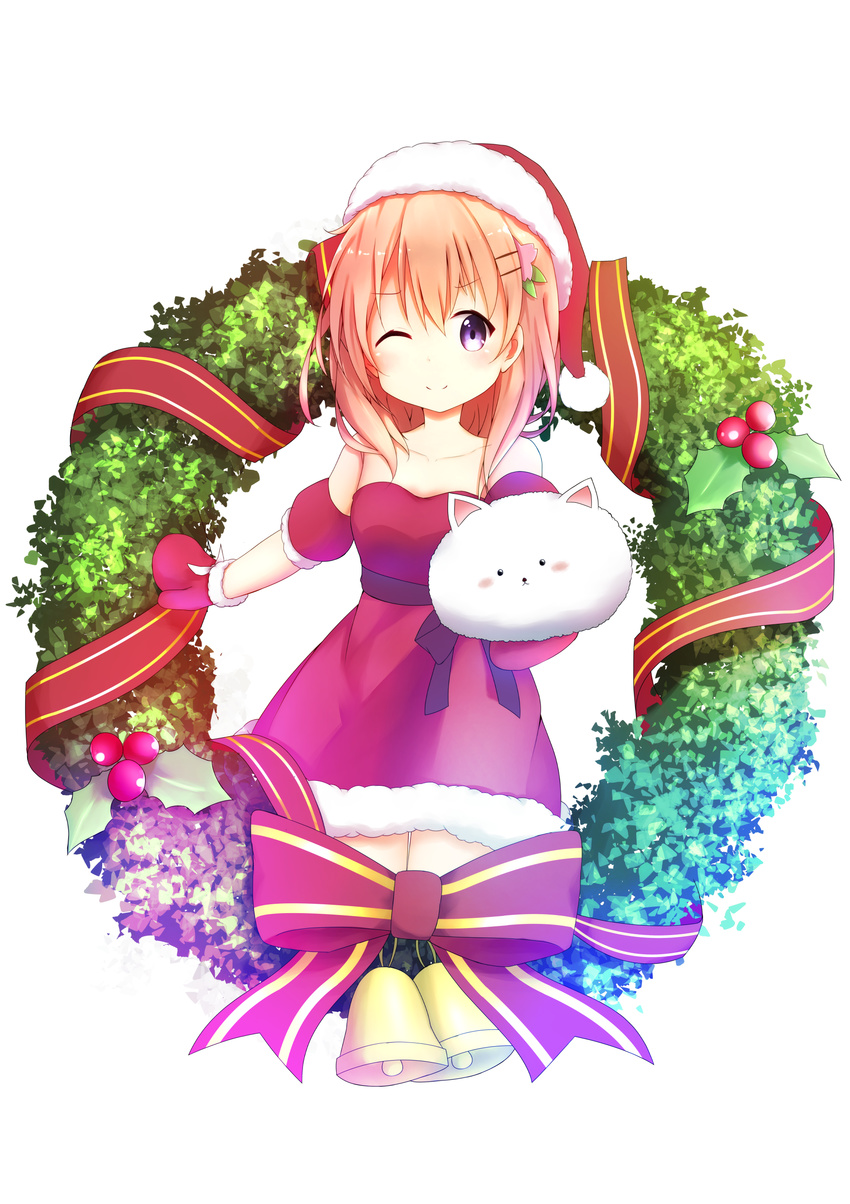 ;) absurdres angora_rabbit animal animal_ears aoi_thomas bangs bare_shoulders bell blush bow brown_hair bunny christmas christmas_wreath closed_mouth collarbone commentary_request detached_sleeves dress eyebrows_visible_through_hair fur-trimmed_dress fur-trimmed_hat fur-trimmed_mittens fur-trimmed_sleeves fur_trim gochuumon_wa_usagi_desu_ka? hair_between_eyes hair_ornament hairclip hat highres holding holding_animal holly hoto_cocoa long_hair looking_at_viewer one_eye_closed outstretched_arm puffy_short_sleeves puffy_sleeves purple_eyes red_bow red_dress red_hat red_mittens santa_costume santa_hat short_sleeves smile striped striped_bow tippy_(gochiusa) white_background