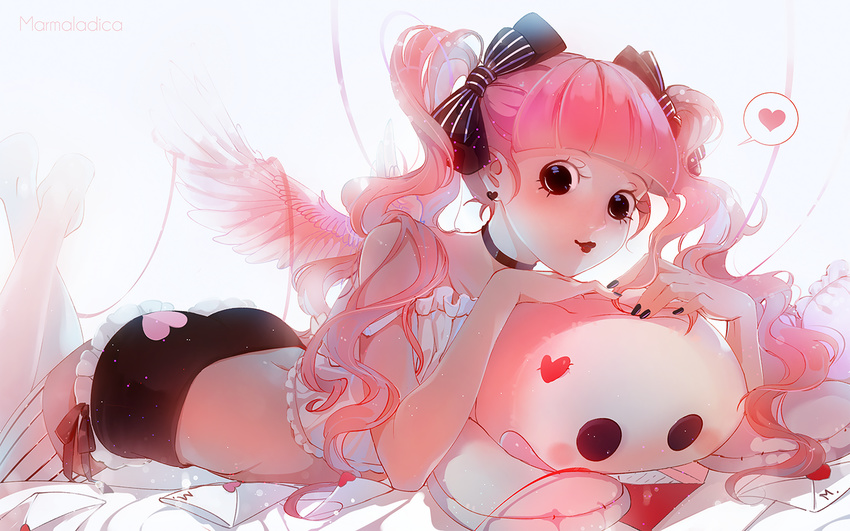 ass backlighting black_eyes black_nails bow choker hair_bow heart legs_up lipstick long_hair looking_at_viewer lying makeup marmalade_(elfless_vanilla) midriff mini_wings nail_polish on_stomach one_piece perona pink_hair short_shorts shorts solo spoken_heart stuffed_toy the_pose thighhighs twintails