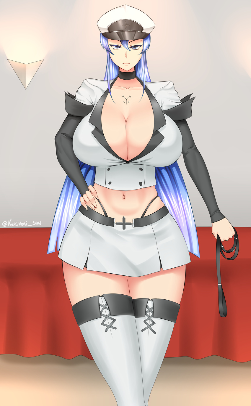 absurdres akame_ga_kill! blue_eyes blue_hair boots breasts choker cleavage esdeath hat highres huge_breasts kerikeri_san large_breasts long_hair looking_at_viewer midriff military military_uniform miniskirt navel peaked_cap skirt slender_waist solo thigh_boots thighhighs uniform very_long_hair whip wide_hips