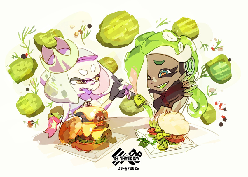 black_gloves cephalopod_eyes cheese cocktail_pick commentary crown dark_skin disgust english_commentary eye_contact fingerless_gloves food furrowed_eyebrows garnish gloves green_hair hair_over_one_eye hamburger highres hime_(splatoon) iida_(splatoon) inoue_seita lettuce logo looking_at_another mini_flag multiple_girls octarian official_art pickle plate raised_eyebrow sandwich short_eyebrows simple_background splatoon_(series) splatoon_2 table tentacle_hair thick_eyebrows tomato tongue tongue_out uneven_eyes white_background white_hair