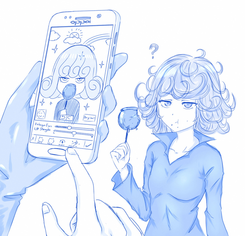 1girl :t ? blue breasts candy_apple cellphone chibi curly_hair eating food food_on_face gloves highres monochrome one-punch_man phone saitama_(one-punch_man) simple_background single_glove small_breasts smartphone sparkle tatsumaki viperxtr white_background