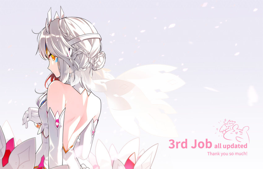 back backless_outfit braid braided_bun code:_esencia_(elsword) commentary_request double_bun dress elbow_gloves elsword eve_(elsword) expressionless facial_mark forehead_jewel gem gloves highres hwansang korean_commentary looking_back silver_hair simple_background solo text_focus tiara yellow_eyes