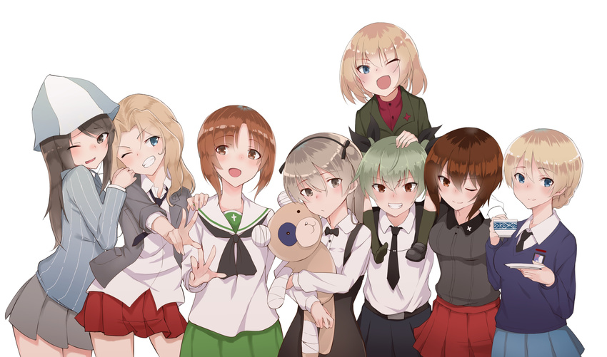 anchovy anzio_school_uniform arm_around_shoulder arm_behind_back bandages bangs belt black_belt black_cape black_footwear black_legwear black_neckwear black_ribbon black_skirt blazer blonde_hair blouse blue_eyes blue_shirt blue_skirt blue_sweater boko_(girls_und_panzer) bow bowtie braid brown_eyes brown_hair cape carrying casual closed_mouth collared_blouse collared_shirt commentary_request cowboy_shot cup darjeeling dress_shirt drill_hair emblem error eyebrows_visible_through_hair frown girls_und_panzer green_jacket green_skirt grey_jacket grey_shirt grey_skirt grin gukurosawa01 hair_intakes hair_ribbon hand_on_another's_head hand_on_another's_shoulder high-waist_skirt highres holding holding_stuffed_animal jacket katyusha kay_(girls_und_panzer) keizoku_school_uniform kuromorimine_school_uniform light_brown_hair loafers long_hair long_sleeves looking_at_viewer mika_(girls_und_panzer) miniskirt multiple_girls neckerchief necktie nishizumi_maho nishizumi_miho one_eye_closed ooarai_school_uniform open_clothes open_jacket open_mouth parted_lips pleated_skirt pravda_school_uniform red_eyes red_shirt red_skirt ribbon saucer saunders_school_uniform school_uniform serafuku shimada_arisu shirt shoes short_hair shoulder_carry side-by-side side_ponytail simple_background skirt sleeves_rolled_up smile socks st._gloriana's_(emblem) st._gloriana's_school_uniform standing striped striped_shirt stuffed_animal stuffed_toy suspender_skirt suspenders sweater teacup teddy_bear tied_hair trait_connection turtleneck twin_drills twintails upper_body v-neck v-shaped_eyebrows vertical-striped_shirt vertical_stripes w waving white_background white_blouse white_shirt