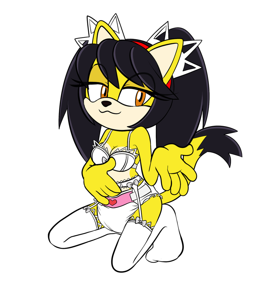 anthro black_hair black_nose bra breasts bunonii cat clothing diaper digital_media_(artwork) feline female fur hair honey_the_cat legwear lingerie looking_at_viewer mammal smile socks solo sonic_(series) stockings teasing underwear