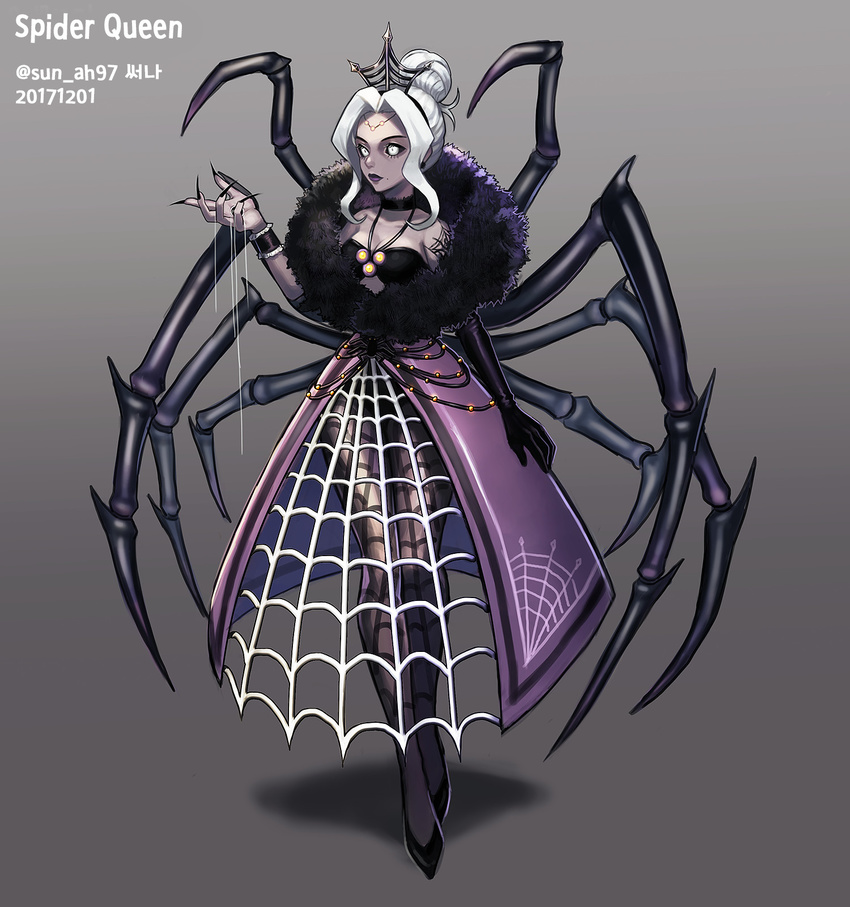 2017 animal_humanoid arachnid armor arthropod black_sclera bracelet bracers breasts choker claws clothed clothing crown dress female footwear front_view fully_clothed gloves grey_background hair humanoid humanoid_hands jewelry multi_limb portrait shoes simple_background solo spider spider_humanoid standing sunah97 white_eyes white_hair
