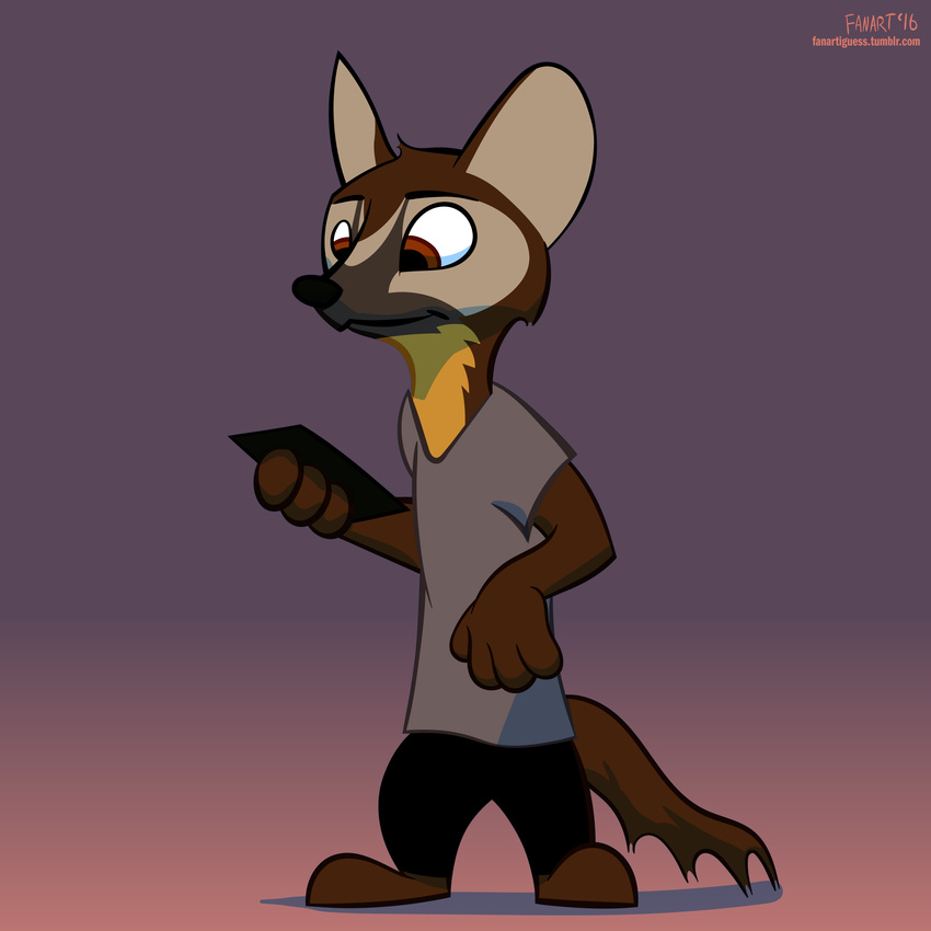 2016 anthro barefoot brown_eyes clothed clothing countershade_torso countershading eddy_(fanartiguess) fanartiguess gradient_background holding_object holding_phone male mammal marten mustelid phone signature simple_background solo standing url