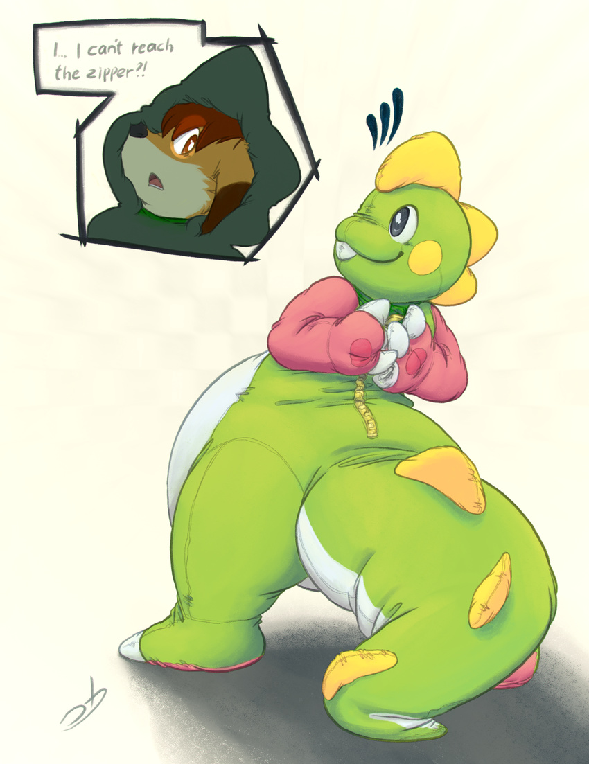 ! ... 2017 3_fingers ? absurd_res anthro belly big_belly big_tail brown_fur brown_hair bub bubble_bobble bubble_dragon clothed clothing costume dialogue digital_drawing_(artwork) digital_media_(artwork) dinosaur dragon english_text fur furry_character_wearing_fursuit fursuit hair hi_res kangaroo long_tail male mammal marsupial multicolored_fur open_mouth scalie simple_background smile solo standing stormdragonblue taito tan_fur text trapped zipper