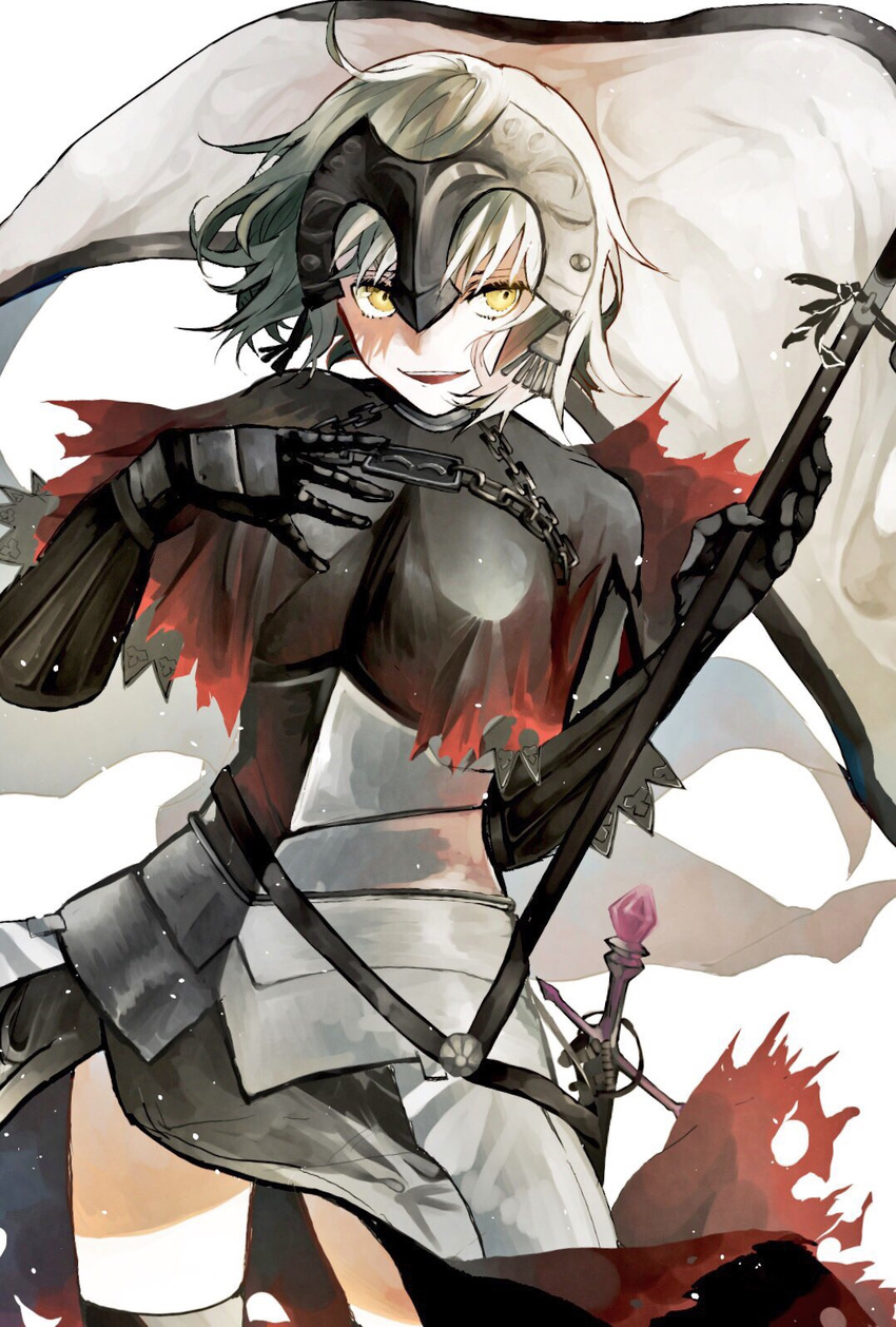:d armor armored_dress banner black_dress black_legwear chain dress fate/grand_order fate_(series) floating_hair gauntlets highres holding holding_weapon jeanne_d'arc_(alter)_(fate) jeanne_d'arc_(fate)_(all) looking_at_viewer open_mouth short_hair silver_hair smile solo thighhighs umi_k_a weapon yellow_eyes