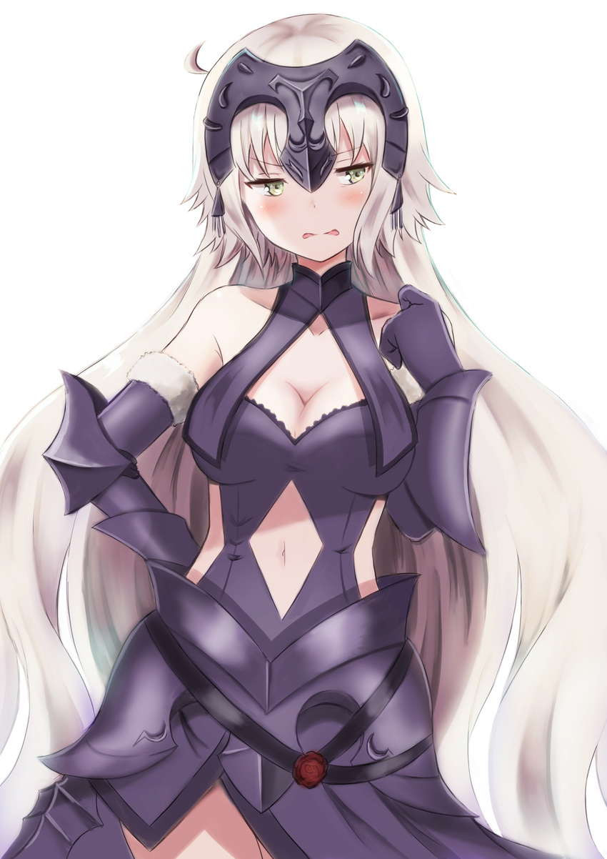 absurdres ahoge blush breasts cleavage commentary_request fate/grand_order fate_(series) gauntlets hairpiece highres jeanne_d'arc_(alter)_(fate) jeanne_d'arc_(fate)_(all) long_hair looking_away medium_breasts navel parted_lips shibakame silver_eyes silver_hair solo wavy_mouth white_background