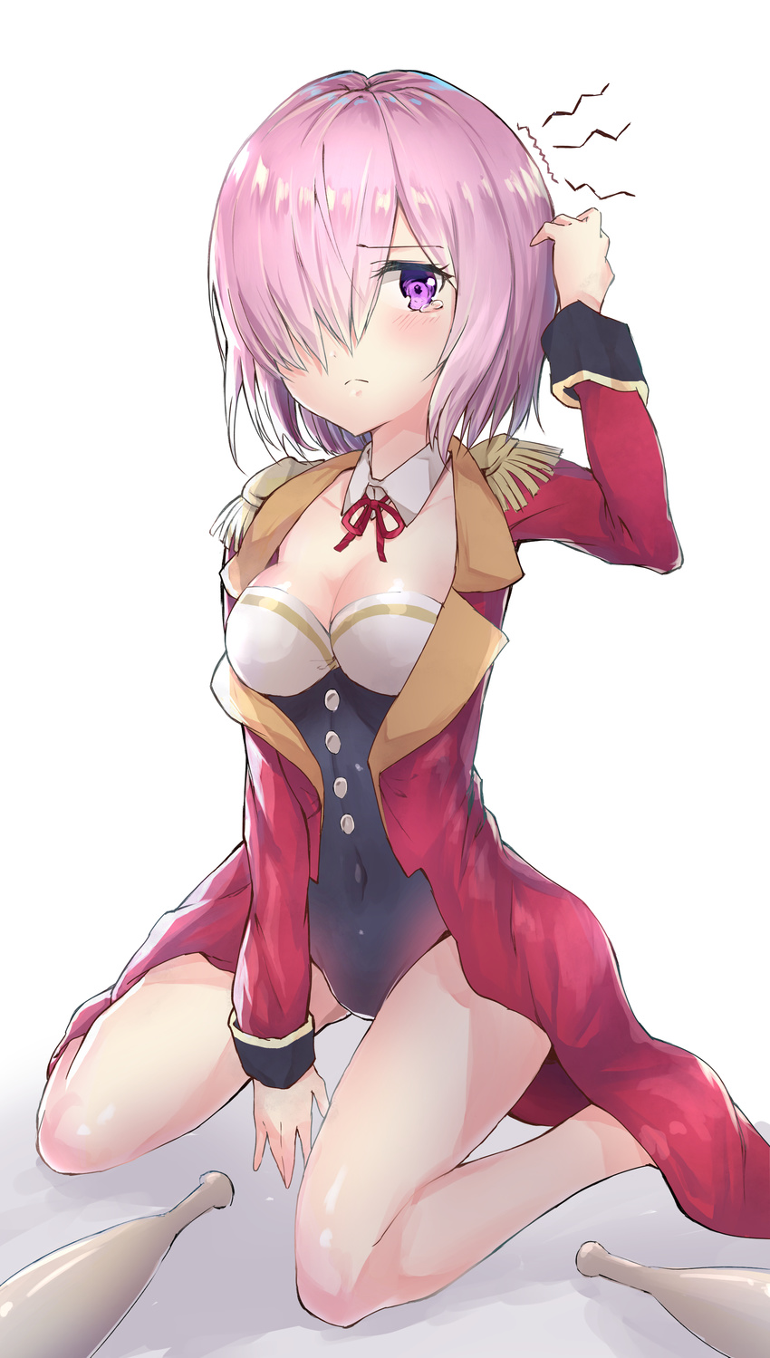 absurdres between_legs breasts choker cleavage collarbone covered_navel eyebrows_visible_through_hair fate/grand_order fate_(series) hair_over_one_eye hand_between_legs hand_in_hair highres kneeling leotard mash_kyrielight medium_breasts muragaki_(sgxx4878) neck_ribbon pink_hair purple_eyes red_ribbon ribbon shiny shiny_skin short_hair simple_background sketch solo tears white_background