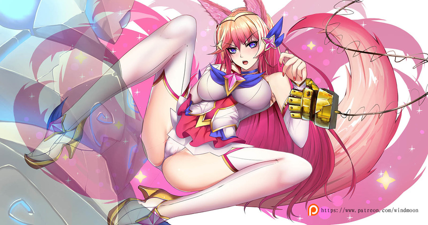 ahri alternate_costume alternate_eye_color alternate_hair_color animal_ears bad_id bad_pixiv_id blitzcrank boots breasts choker commentary_request detached_sleeves fingernails fox_ears fox_tail hair_ornament hairband high_heel_boots high_heels highres impossible_clothes impossible_shirt large_breasts league_of_legends legs long_hair long_legs magical_girl mountainmoon multiple_tails nail_polish panties pink_hair shirt skirt slit_pupils spread_legs star_guardian_ahri tail thigh_boots thighhighs thighs underwear white_legwear you_gonna_get_raped